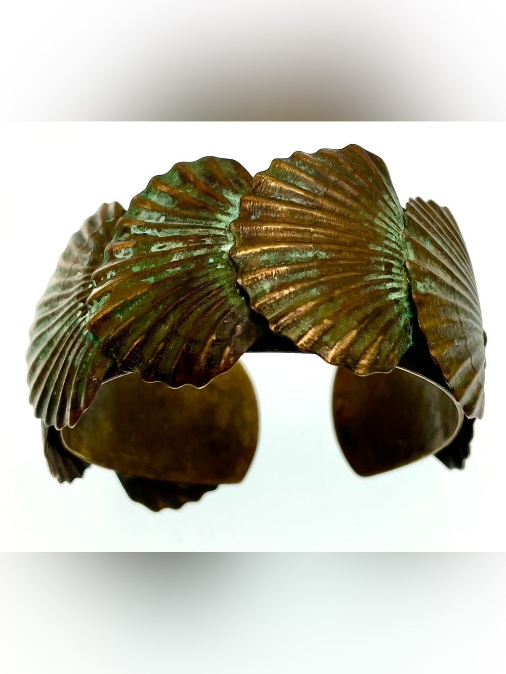 Elaine Coyne Oceania Sea Life Cuff Bracelet Verdigris Patina Brass Estate Piece